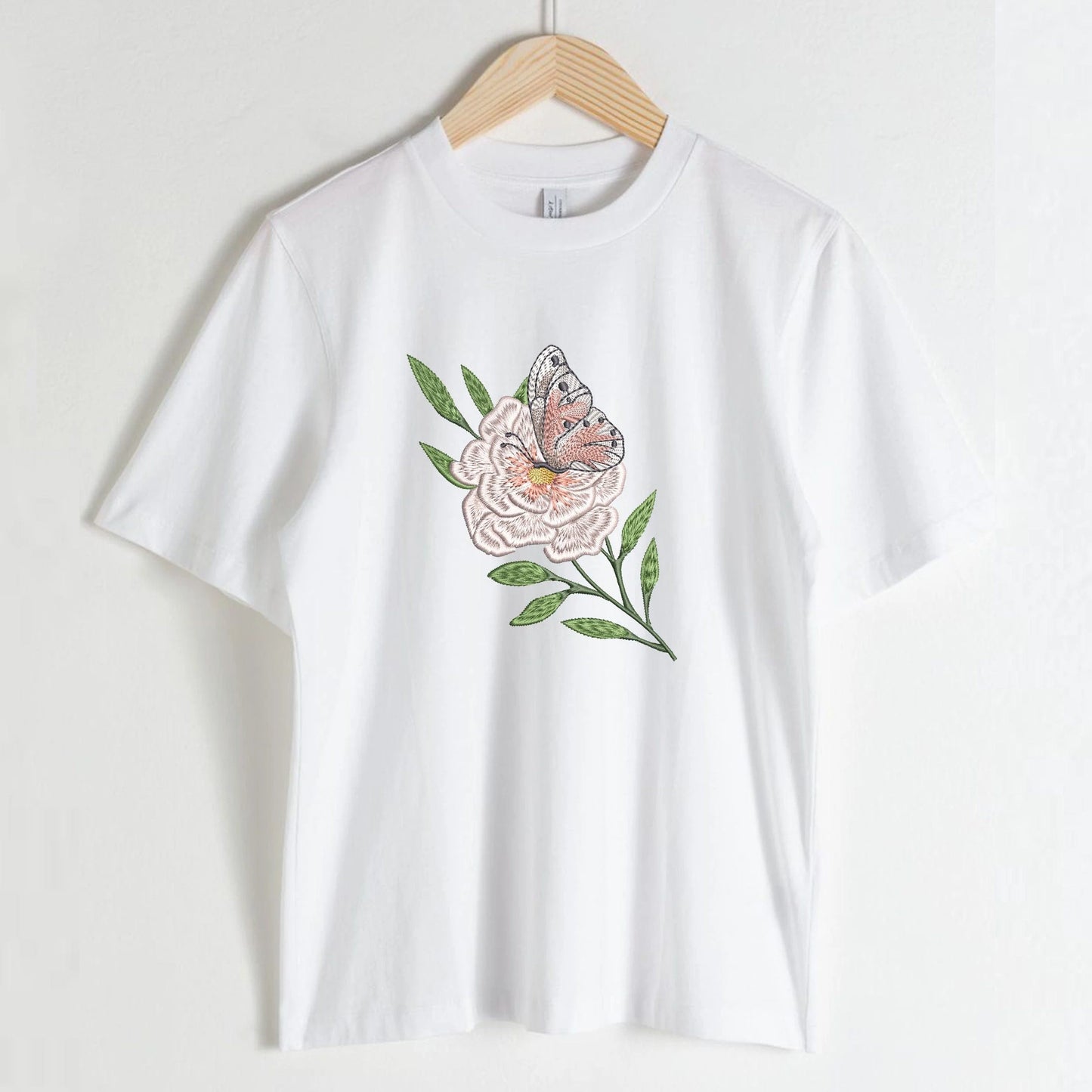 Peony Flower Butterfly Machine Embroidery Design on t-shirt