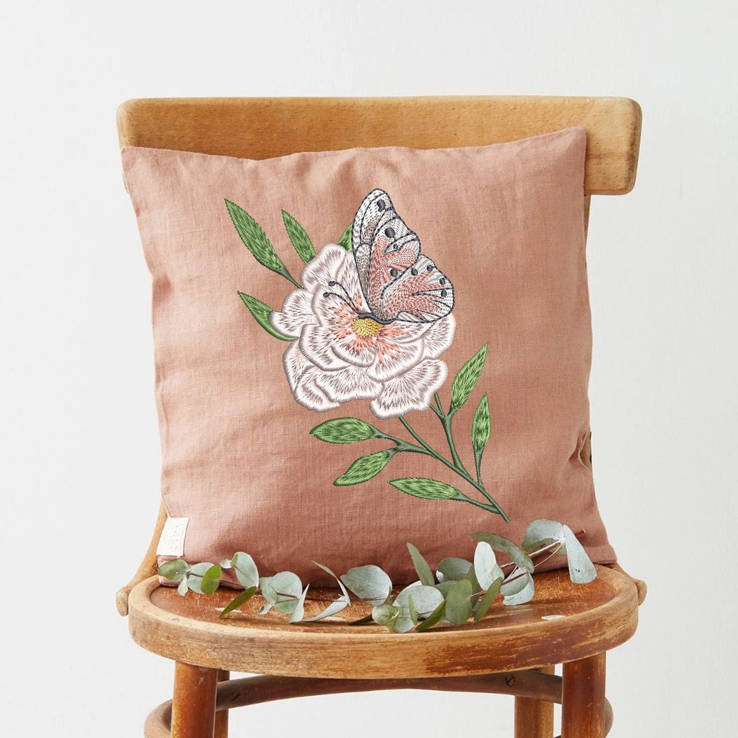 Peony Flower Butterfly Machine Embroidery Design on pillow
