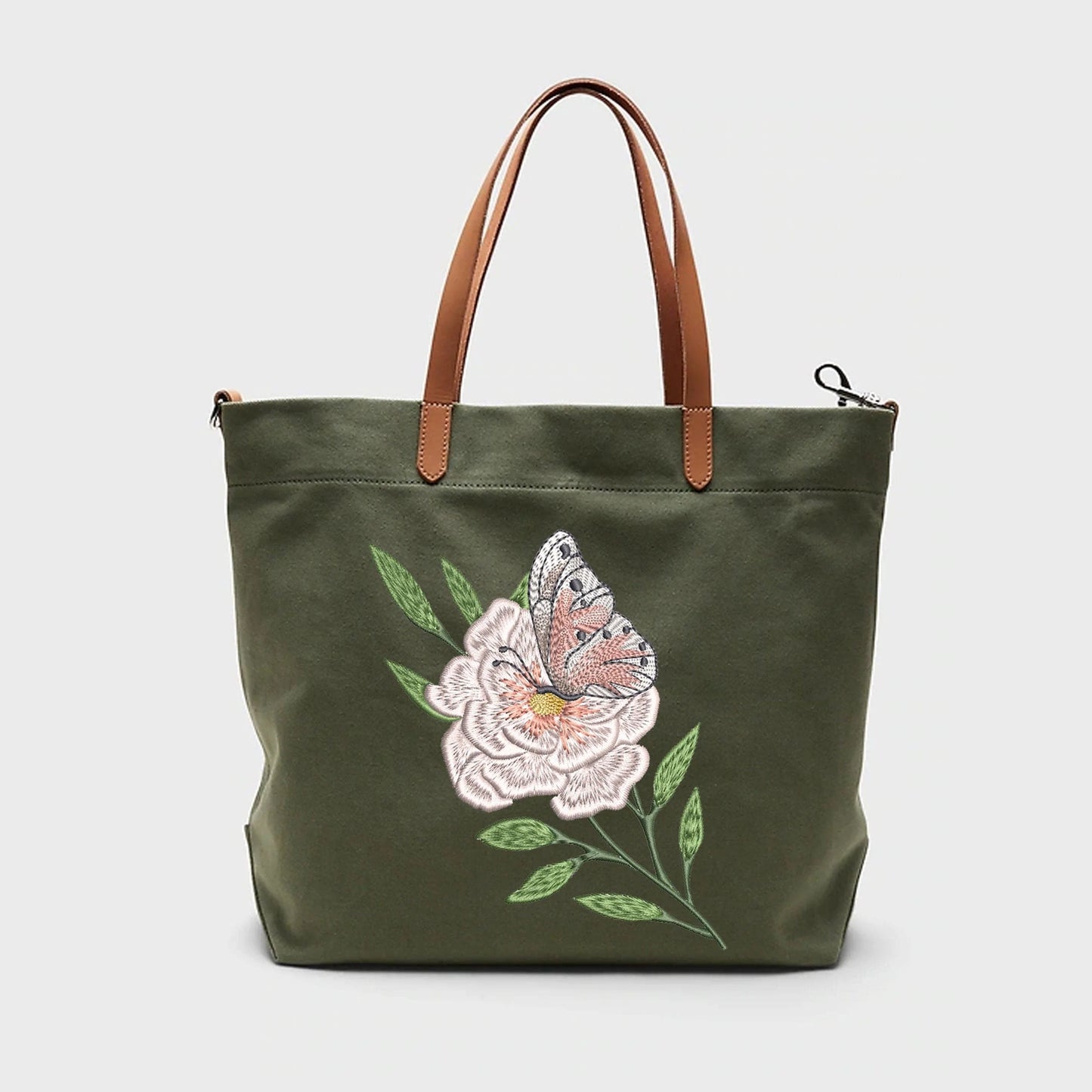 Peony Flower Butterfly Machine Embroidery Design on khaki handbag