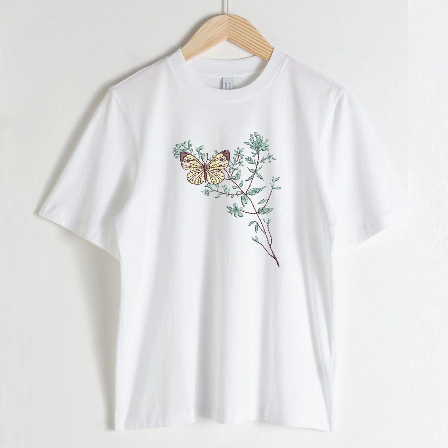 Vintage Flower Butterfly Machine Embroidery Design on T-shirt