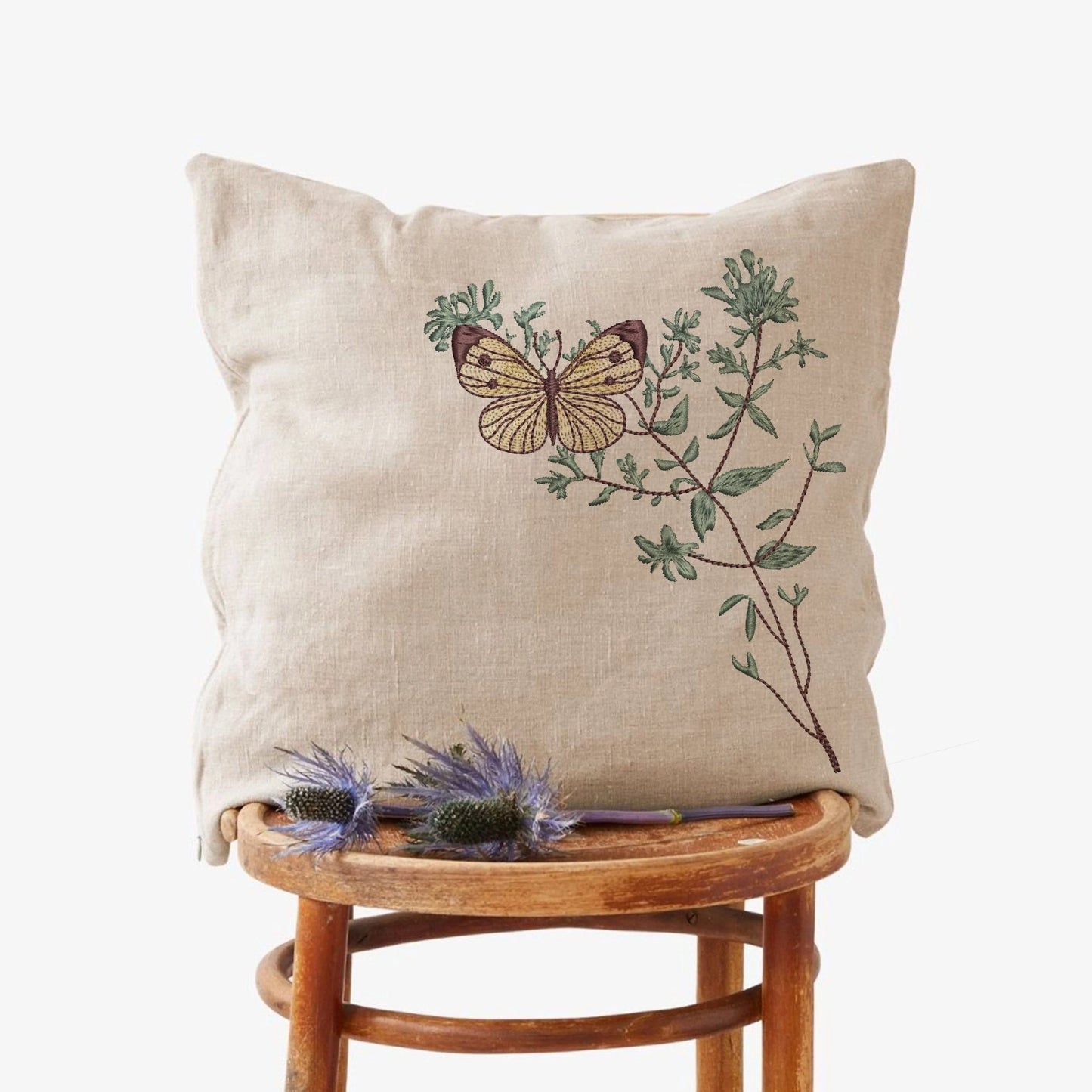 Vintage style Flower Butterfly Machine Embroidery Design on pillow