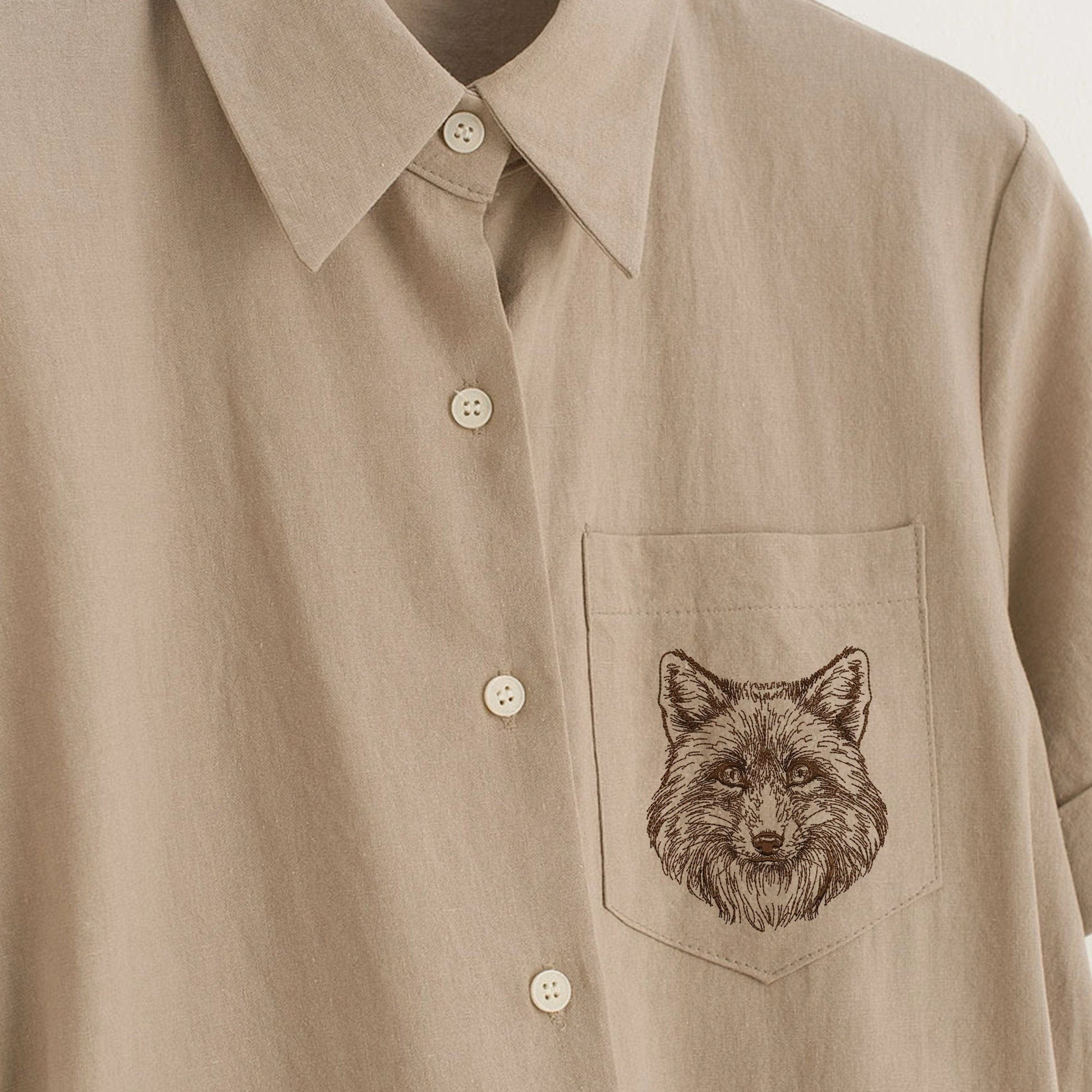 Forest Fox Face Machine Embroidery Design on blouse pocket