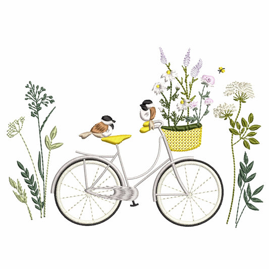Garden Bike with Spring birds and wildflowers Machine Embroidery Design