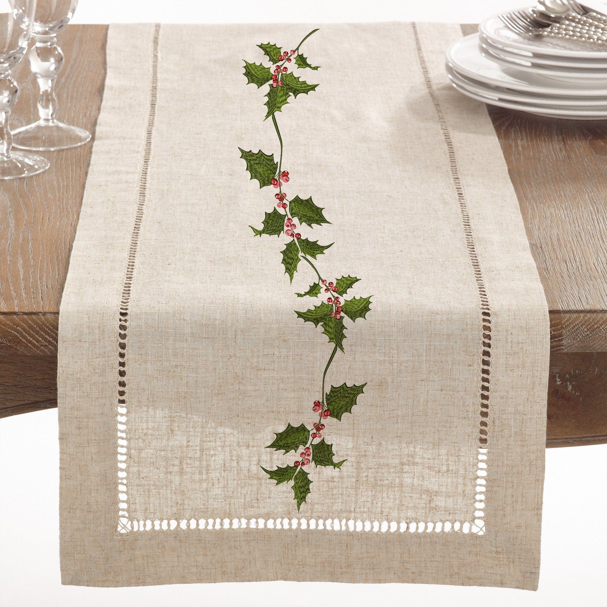 Holly Christmas Machine Embroidery Design on a table runner