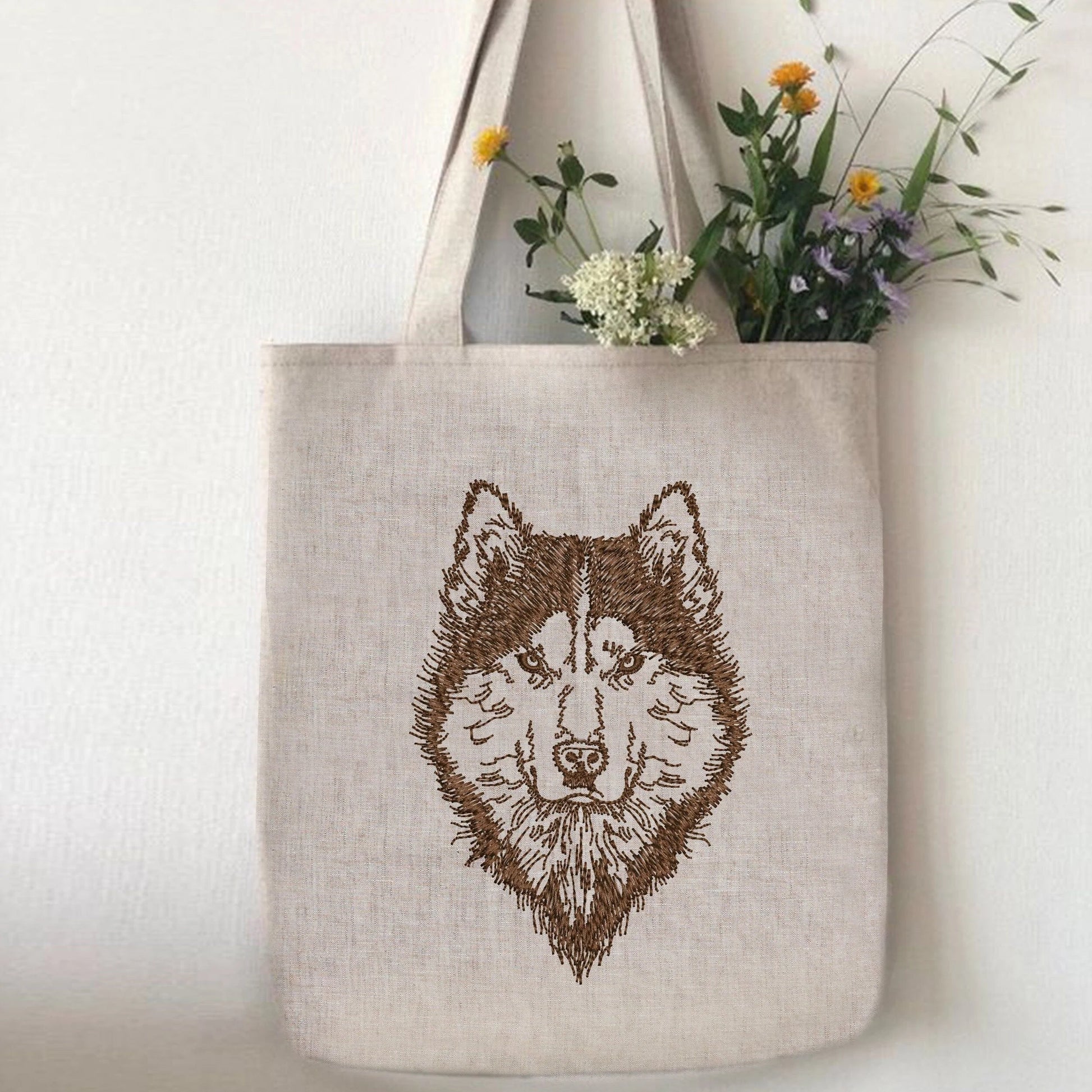 Husky Dog Machine Embroidery Design on handbag