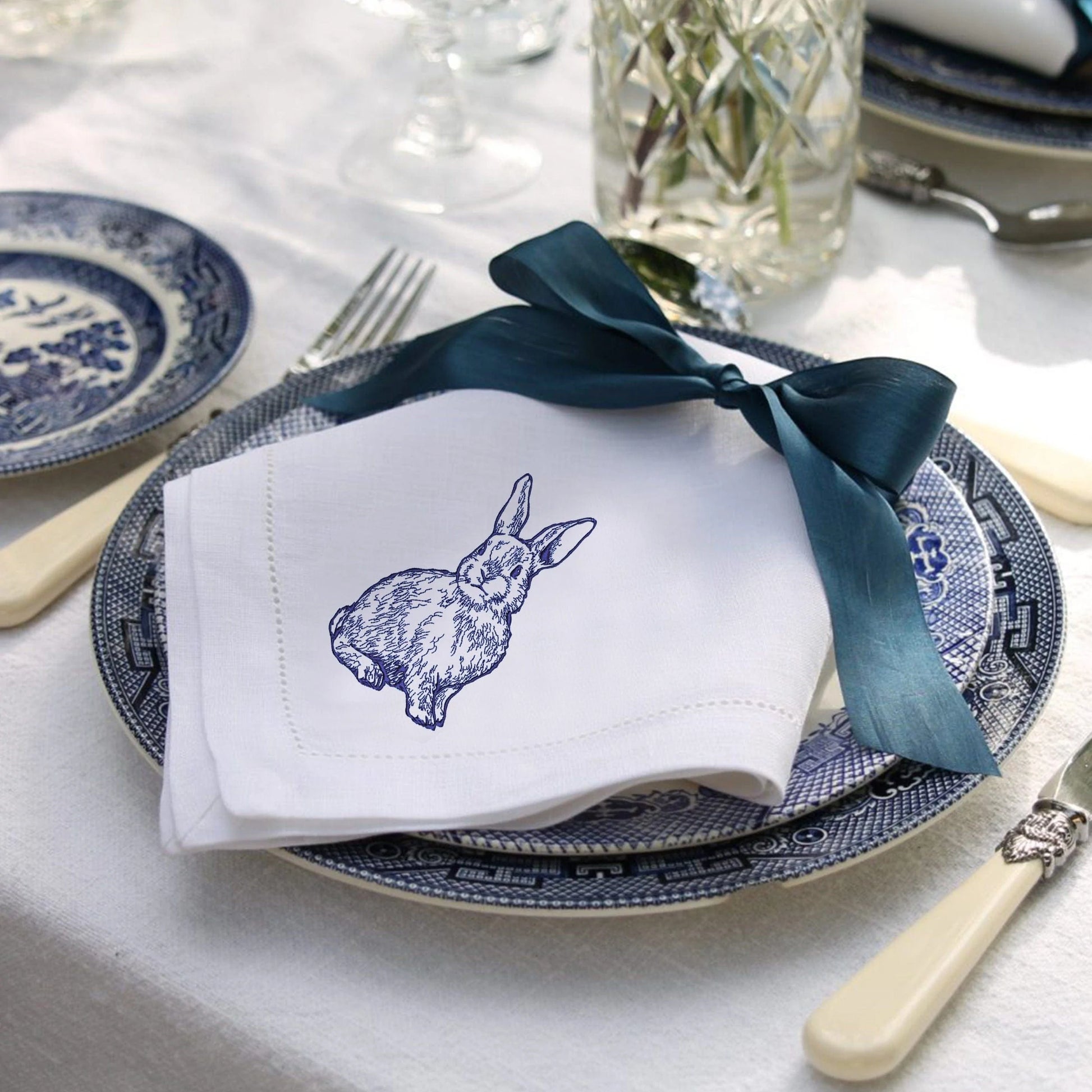 Rabbit Machine Embroidery Design on Chinoiserie style table napkin