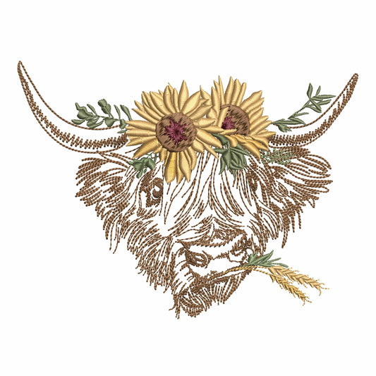 Sunflower Scottish Cow Machine Embroidery Design